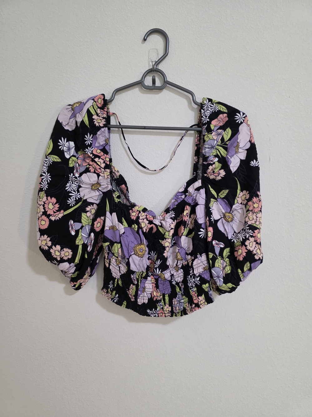 AFRM Black Floral Puff-Sleeve Crop Top with Lavender & Pink Flowers